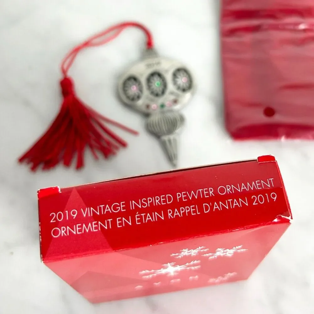 Avon 2019 Vintage Inspired Pewter Christmas Ornament Red Tassel Rhinestones Box